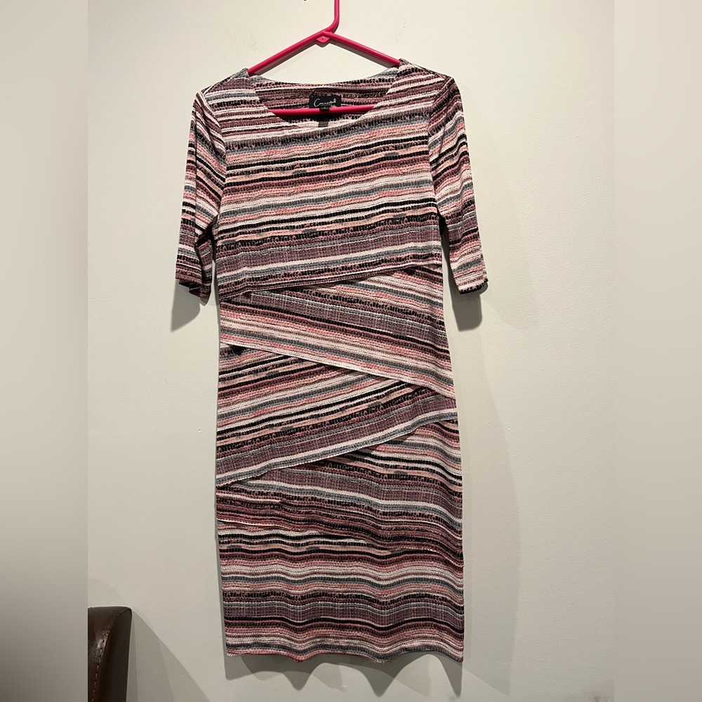 Connected Apparel Women's Striped Pink and Black Midi Dress
